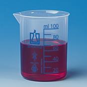 Beaker, low form, PP, 100 ml: 10 ml, blue graduation, beaded rim and spout, 12 Pcs. image
