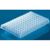 96-well PCR plate, semi-skirted, standard profile, elev. rim, white, blue coding, cut corner A1, PP, 50 Pcs.