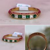 Emerald and Diamond Engraved Band Ring