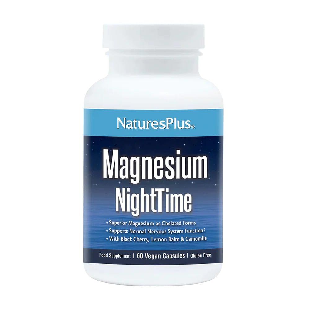 NaturesPlus Magnesium NightTime 60 Vegan Capsules | Superior Magnesium, Vitamin B6, L-Theanine, Botanicals for Relaxation & Sleep | Gluten-Free