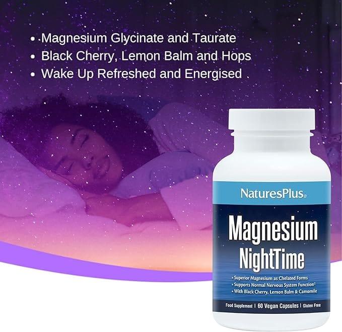 NaturesPlus Magnesium NightTime 60 Vegan Capsules | Superior Magnesium, Vitamin B6, L-Theanine, Botanicals for Relaxation & Sleep | Gluten-Free
