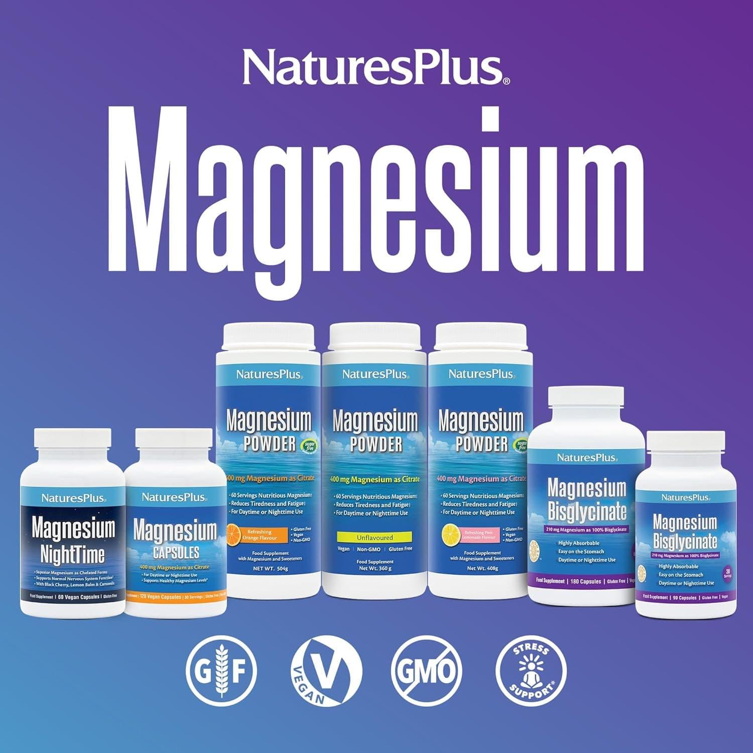 NaturesPlus Magnesium NightTime 60 Vegan Capsules | Superior Magnesium, Vitamin B6, L-Theanine, Botanicals for Relaxation & Sleep | Gluten-Free