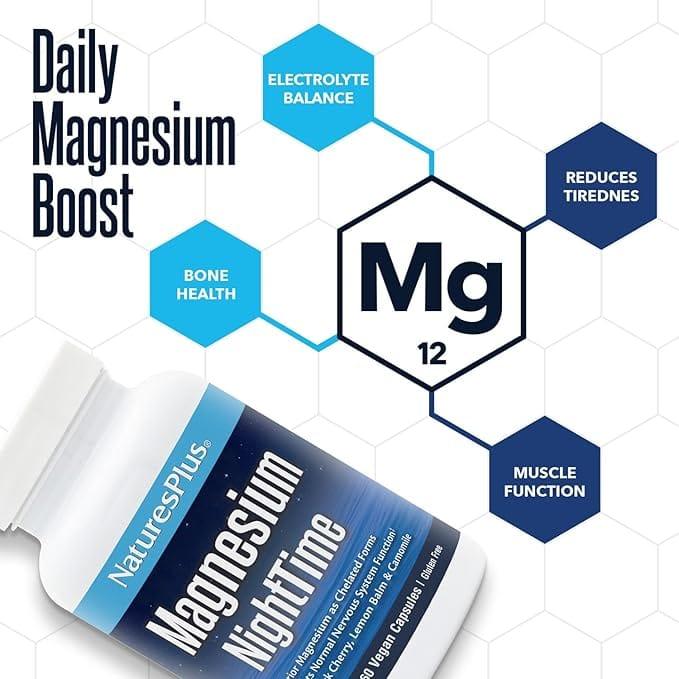 NaturesPlus Magnesium NightTime 60 Vegan Capsules | Superior Magnesium, Vitamin B6, L-Theanine, Botanicals for Relaxation & Sleep | Gluten-Free