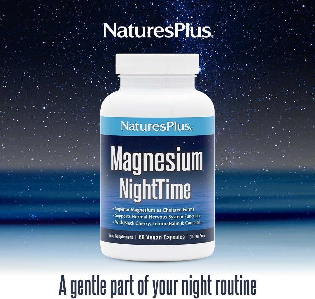 NaturesPlus Magnesium NightTime 60 Vegan Capsules | Superior Magnesium, Vitamin B6, L-Theanine, Botanicals for Relaxation & Sleep | Gluten-Free