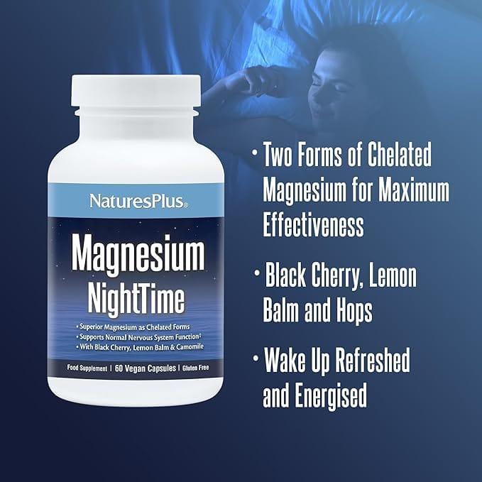 NaturesPlus Magnesium NightTime 60 Vegan Capsules | Superior Magnesium, Vitamin B6, L-Theanine, Botanicals for Relaxation & Sleep | Gluten-Free