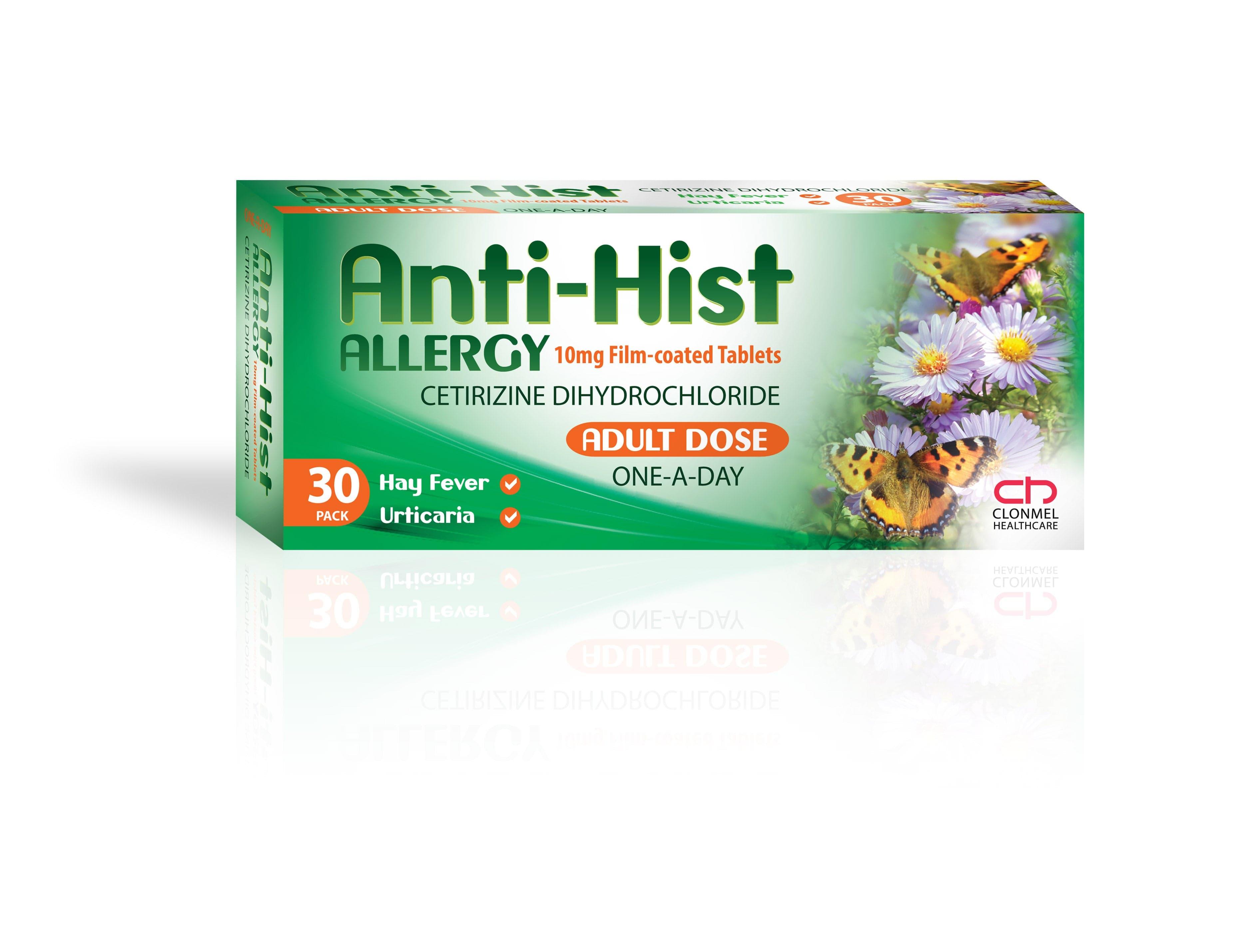 Anti-Hist Allergy Cetirizine Dihydrochloride 10mg Film-coated Tablets for Hay Fever & Urticaria, 30 Count, Adult Dose, One-A-Day, Butterflies & Flowers