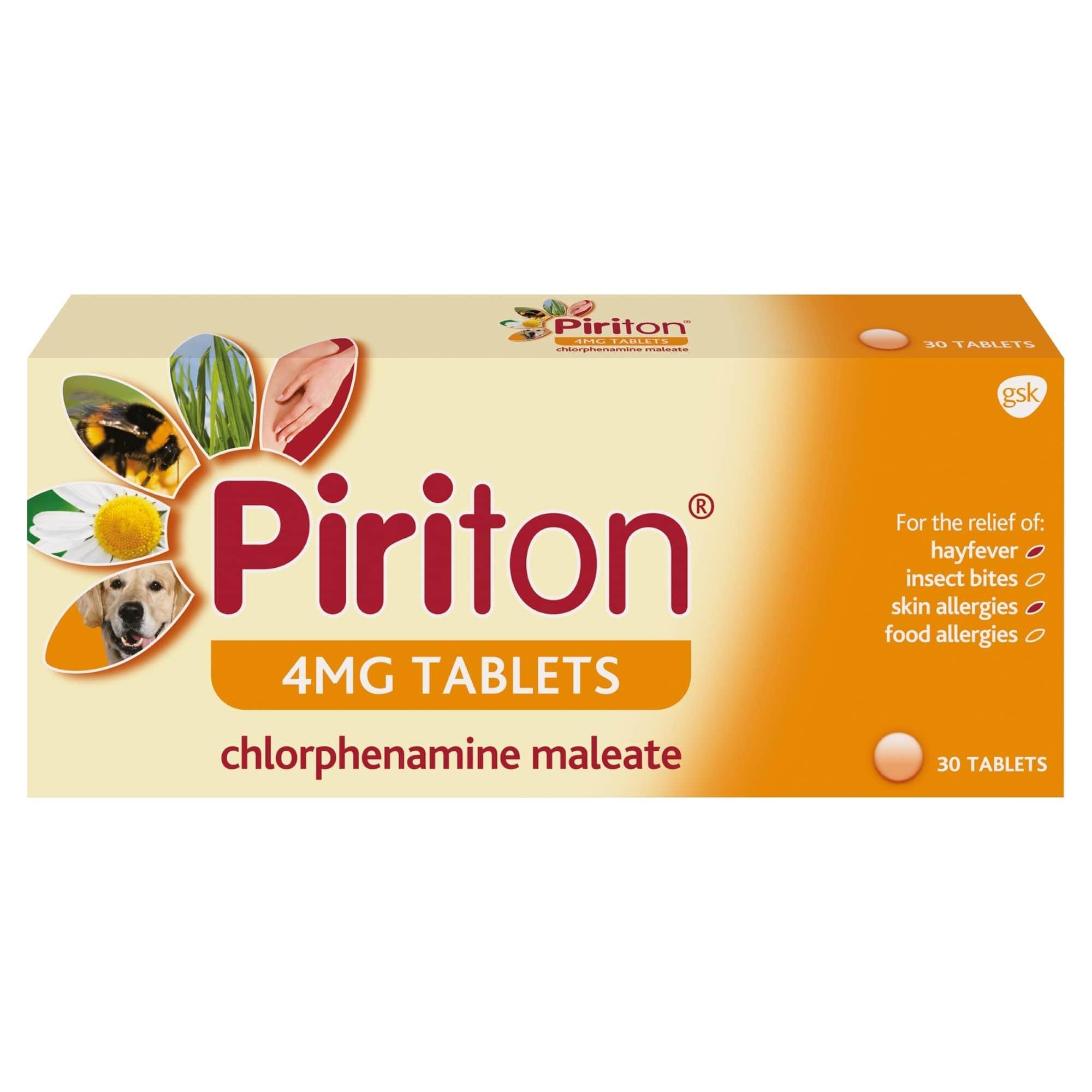 Piriton 4mg Tablets for hayfever, insect bites, skin allergies, food allergies - 30 Pack