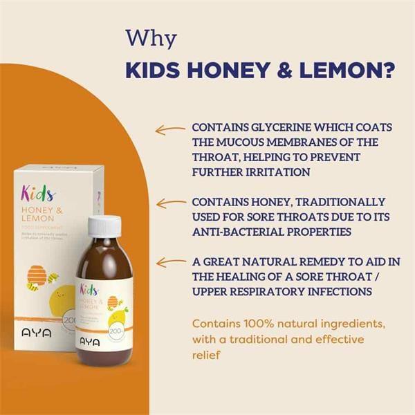 AYA Honey & Lemon 200ml Food Supplement for Soothing Throat Irritation - Suitable for All the Family