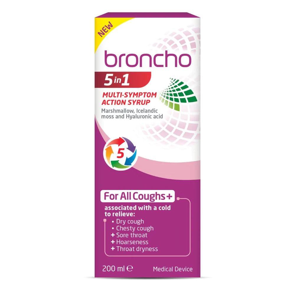Bronchostop 5 in 1 Multi Symptom Action Syrup 200ml - Relieves Dry, Chesty Cough, Sore Throat, Hoarseness & Throat Dryness