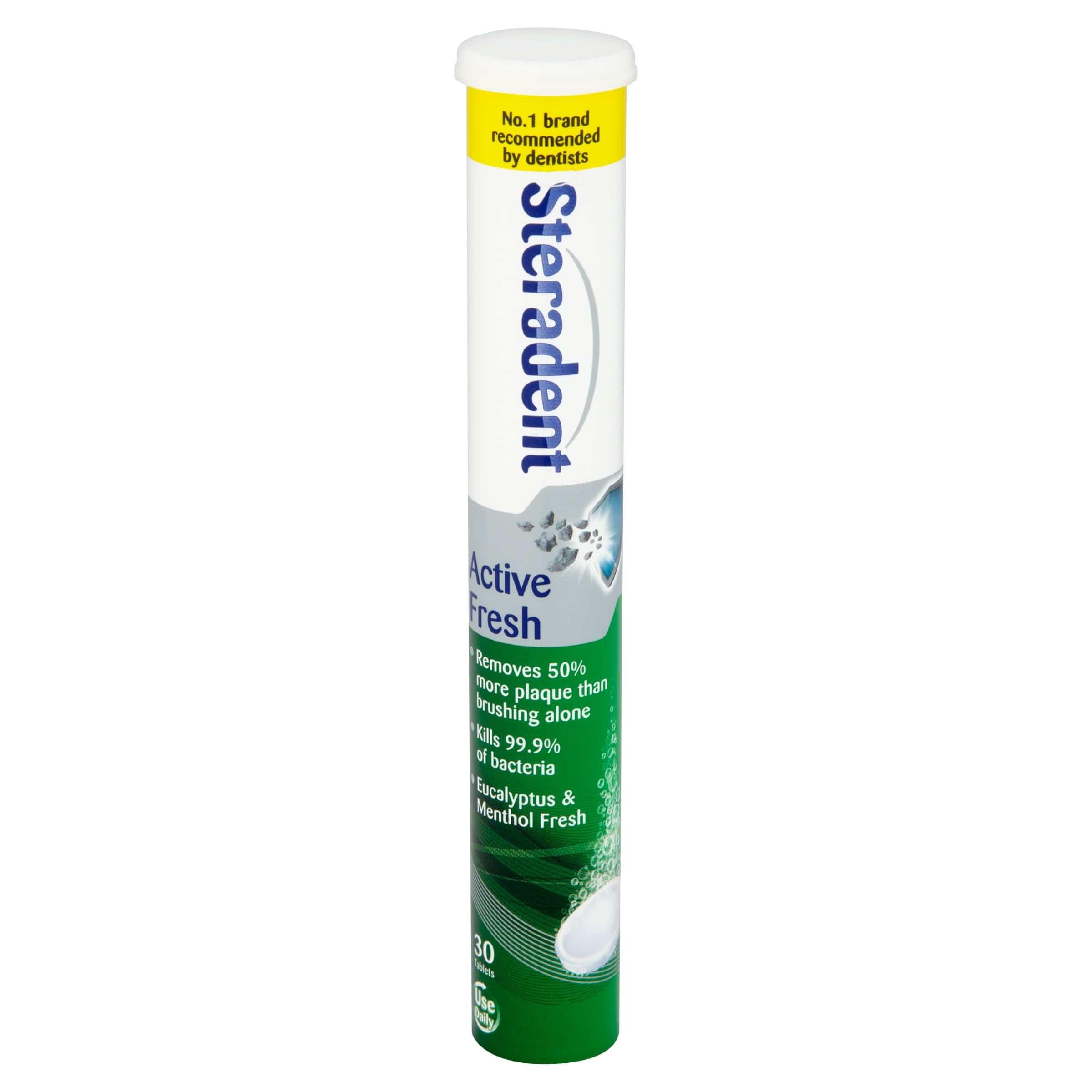 Steradent Active Fresh Denture Cleanser Tablets - Removes Plaque, Kills Bacteria, Eucalyptus & Menthol Fresh, 30 Tablets