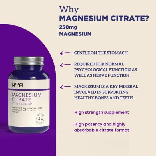 AYA Magnesium Citrate 250mg - Supports Energy, Muscle Health & Nerve Function - 30 Tablets