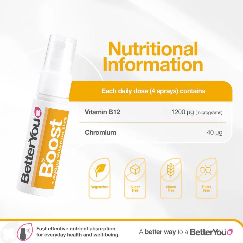 Better You B12 Boost Oral Spray 25ml - Energy Boost, 1,200µg Vitamin B12, Daily oral spray, Pill free, 48 doses