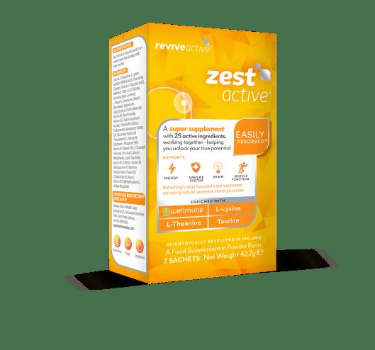Revive Active Zest Active Super Supplement 7 Pack with 25 Active Ingredients for Energy, Immune System, Brain & Muscle Function. Ingredients: Wellmune, L-Lysine, L-Theanine, Taurine. Image Features: Easily Absorbed, Orange Flavoured