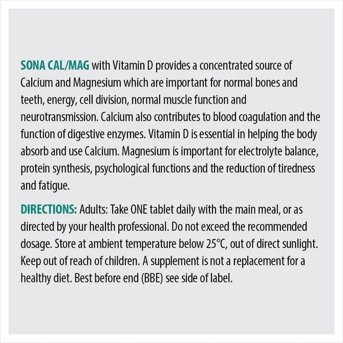 Sona Cal/Mag Tablets - 60 Pack - Calcium, Magnesium & Vitamin D - For Bones & Teeth, Tiredness & Fatigue - Vegan, No Dairy
