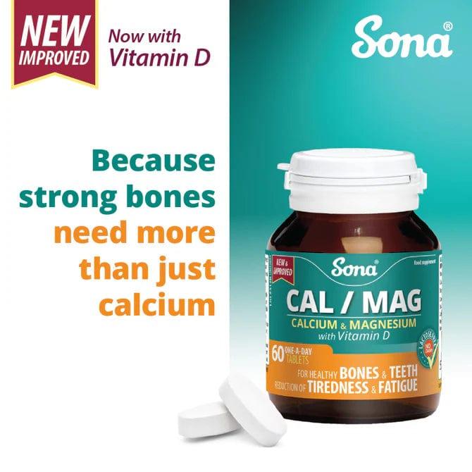 Sona Cal/Mag Tablets - 60 Pack - Calcium, Magnesium & Vitamin D - For Bones & Teeth, Tiredness & Fatigue - Vegan, No Dairy