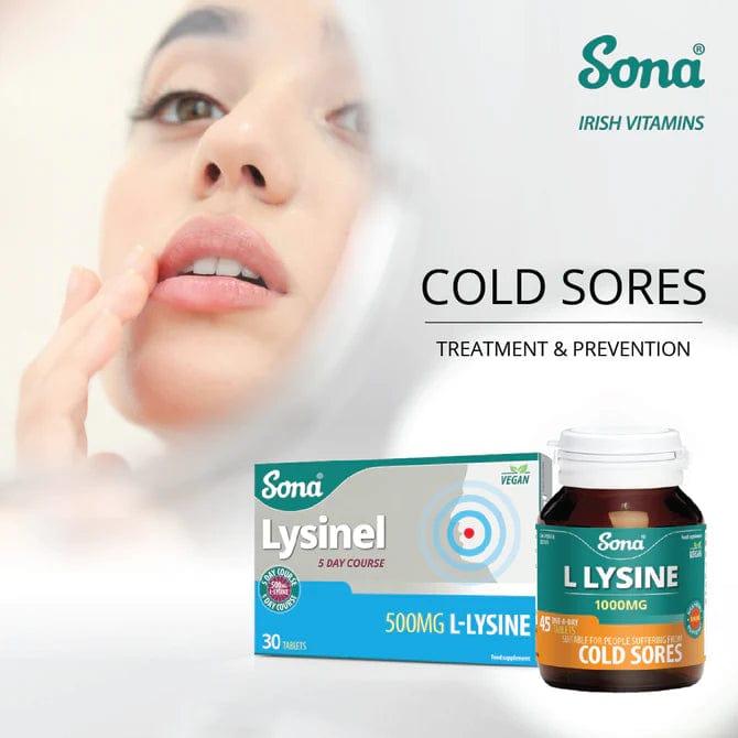 Sona L Lysine 1000mg 45 Tablets - Helps fight cold sores, Vegan, High Potency