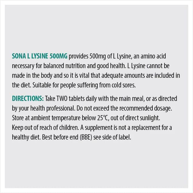 Sona L Lysine 500mg 60 Tablets - Helps fight cold sores & mouth ulcers - VEGAN