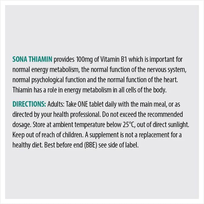 Sona Thiamin 100mg (60) Tablets - For Nervous System & Energy Metabolism - Vegan