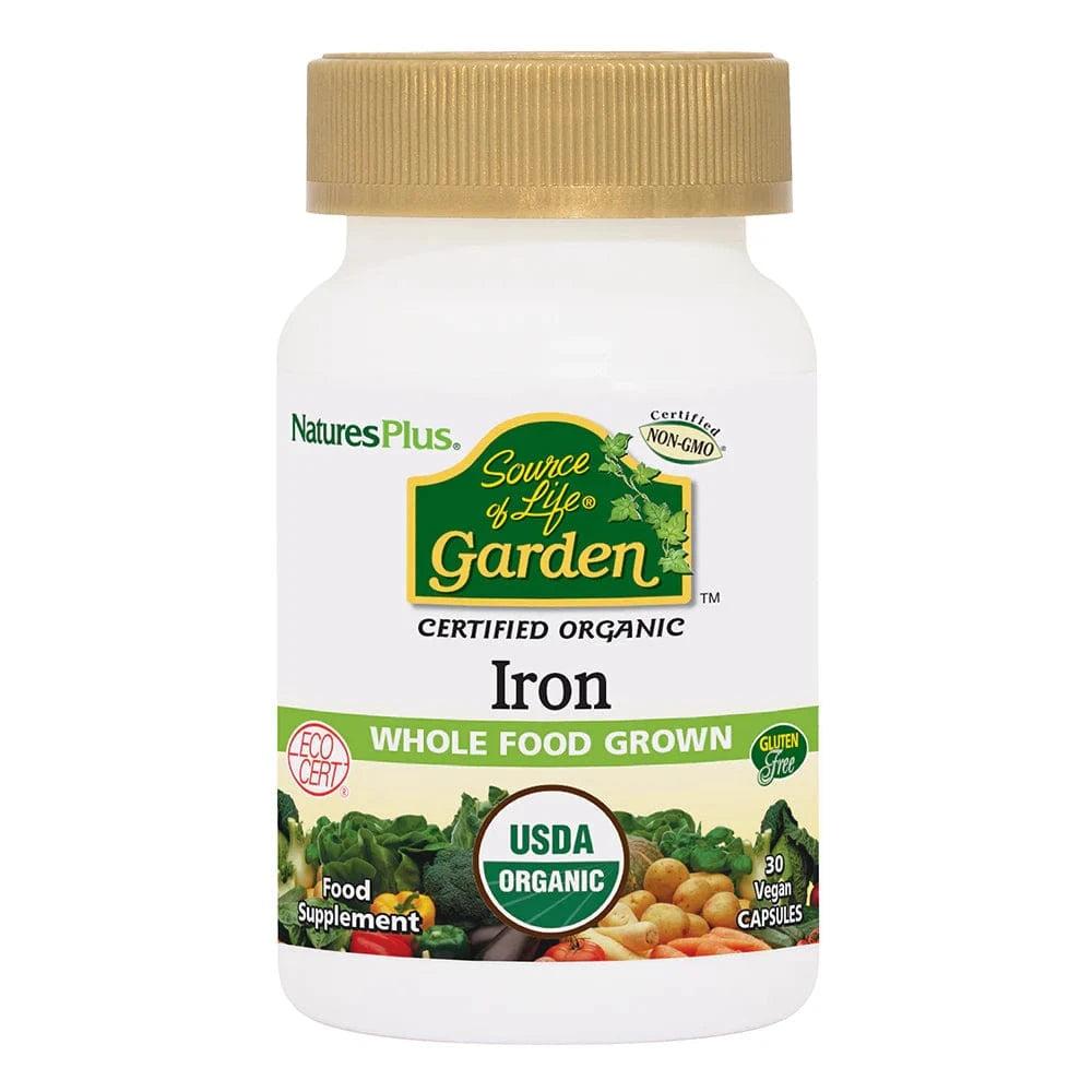 NaturesPlus Source of Life Garden Iron 18mg 30 Vegan Capsules Certified Organic USDA Organic Gluten Free Non-GMO Whole Food Grown