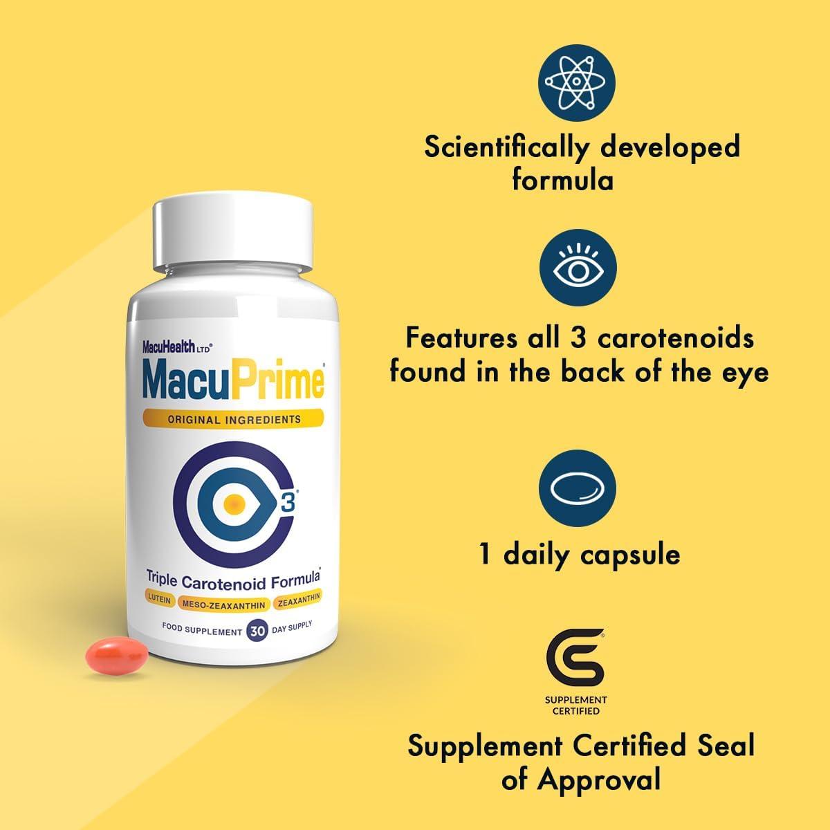 MacuPrime Eye Health Supplement - Triple Carotenoid Formula with Lutein, Meso-Zeaxanthin, Zeaxanthin - 30 Capsules