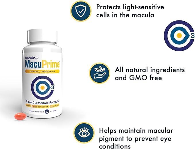 MacuPrime Eye Health Supplement - Triple Carotenoid Formula with Lutein, Meso-Zeaxanthin, Zeaxanthin - 30 Capsules