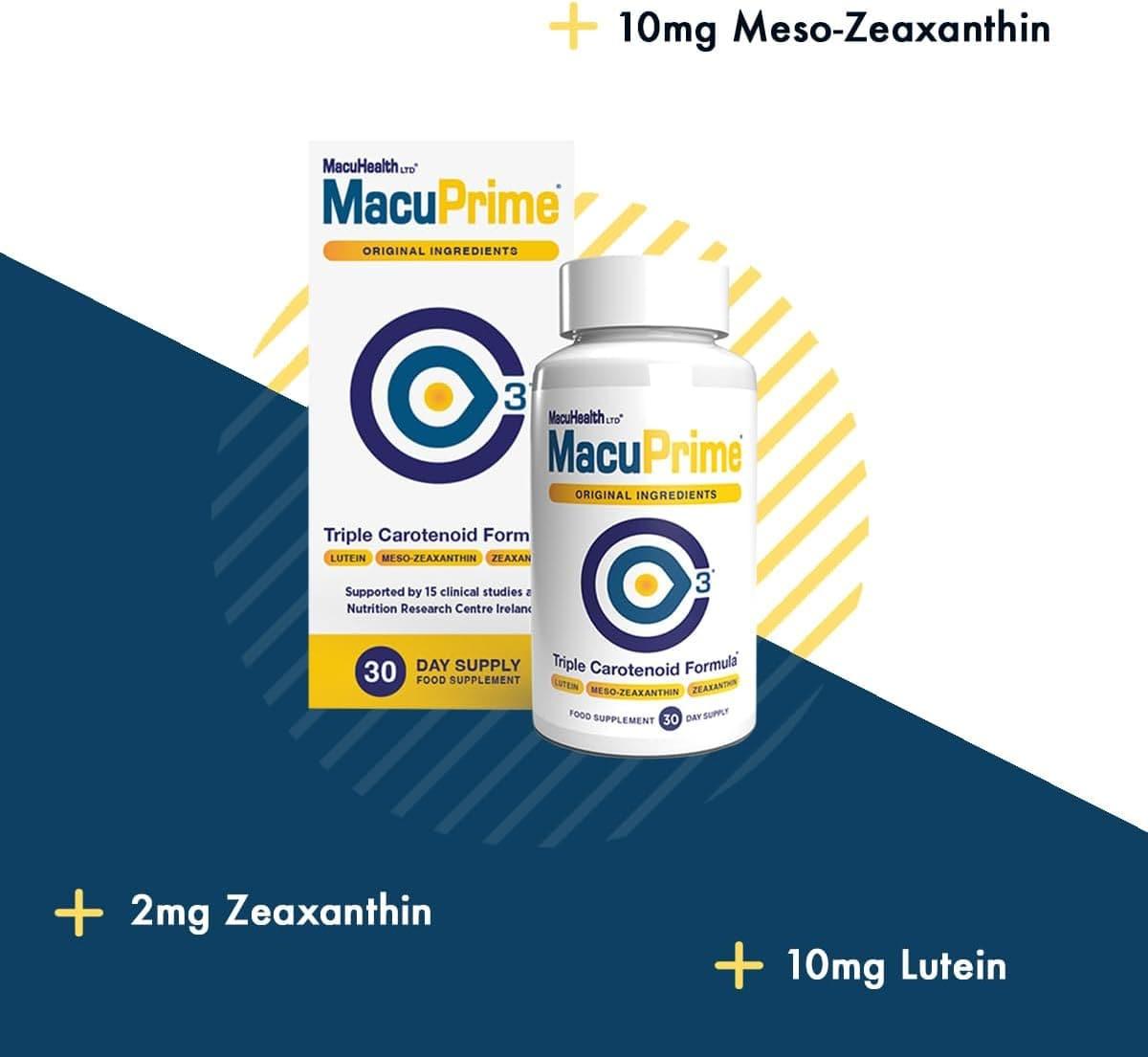 MacuPrime Eye Health Supplement - Triple Carotenoid Formula with Lutein, Meso-Zeaxanthin, Zeaxanthin - 30 Capsules