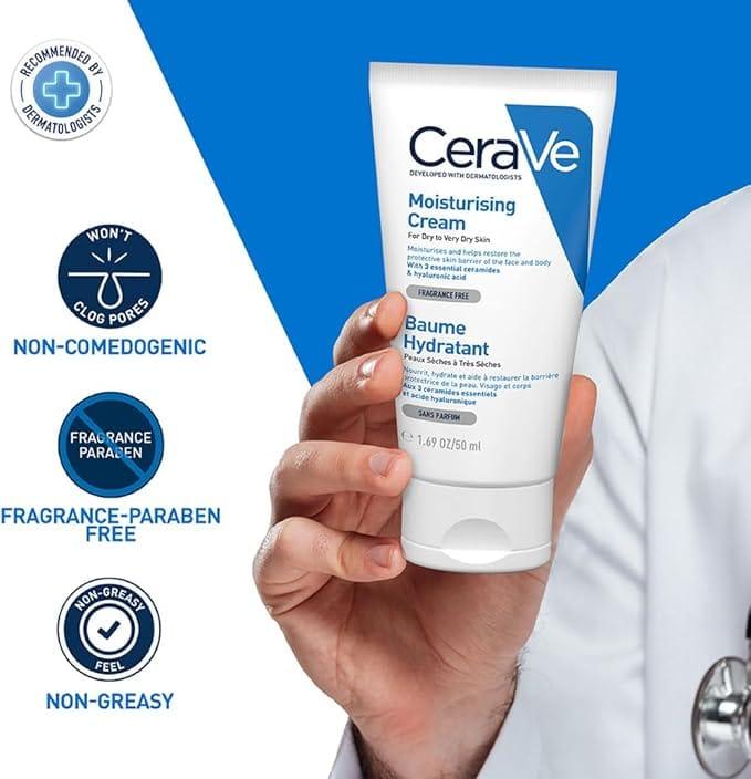 CeraVe Moisturising Cream for Dry Skin, Size 50ml, Fragrance Free, Ceramides & Hyaluronic Acid