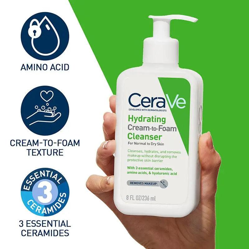 CeraVe Cream-to-Foam Cleanser for Normal to Dry Skin - Removes Makeup, Hydrating, With Ceramides, Hyaluronic Acid - 236ml