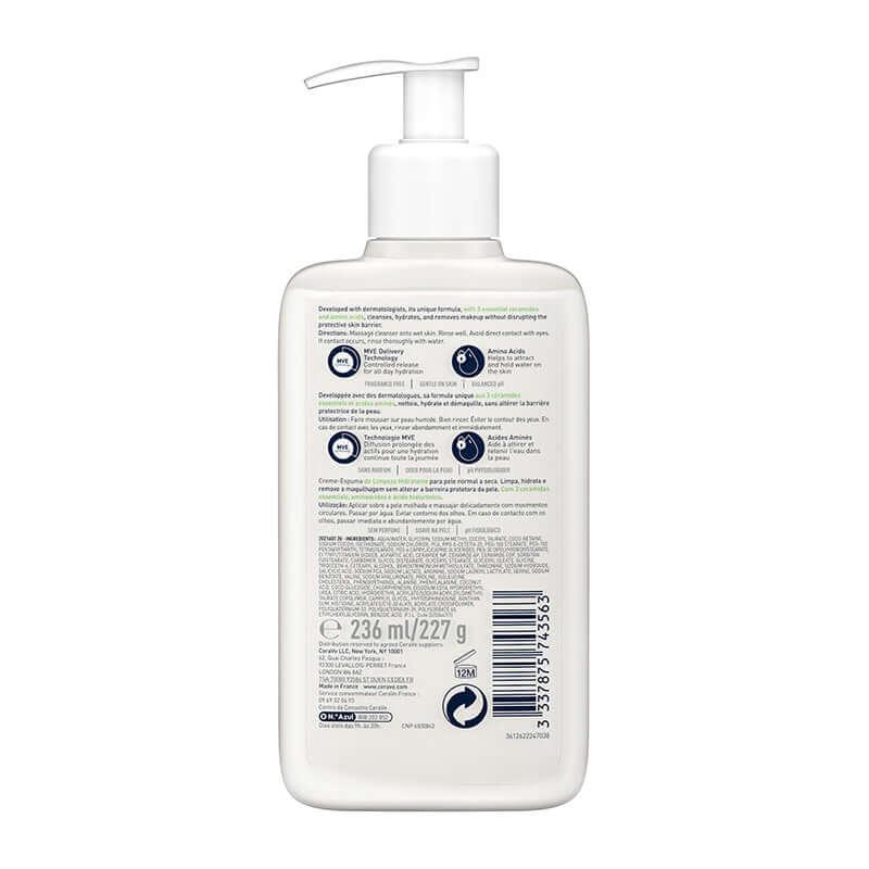 CeraVe Cream-to-Foam Cleanser for Normal to Dry Skin - Removes Makeup, Hydrating, With Ceramides, Hyaluronic Acid - 236ml