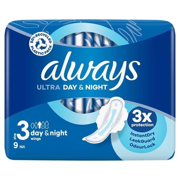 Always Ultra Day & Night Sanitary Pads with Wings, Size 3, 9 Pads, 3x Protection, InstantDry, LeakGuard, OdourLock