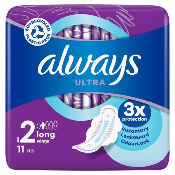 Always Ultra Size 2 Long Sanitary Pads with Wings 11 Pack - 3x protection, InstantDry, LeakGuard, OdourLock