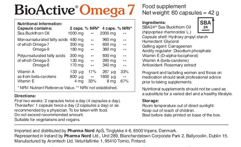 BioActive Omega 7 Supplement - 60 Capsules - Sea Buckthorn Oil, Omega 3, 6, 7, 9, Vitamin A, Pharma Nord