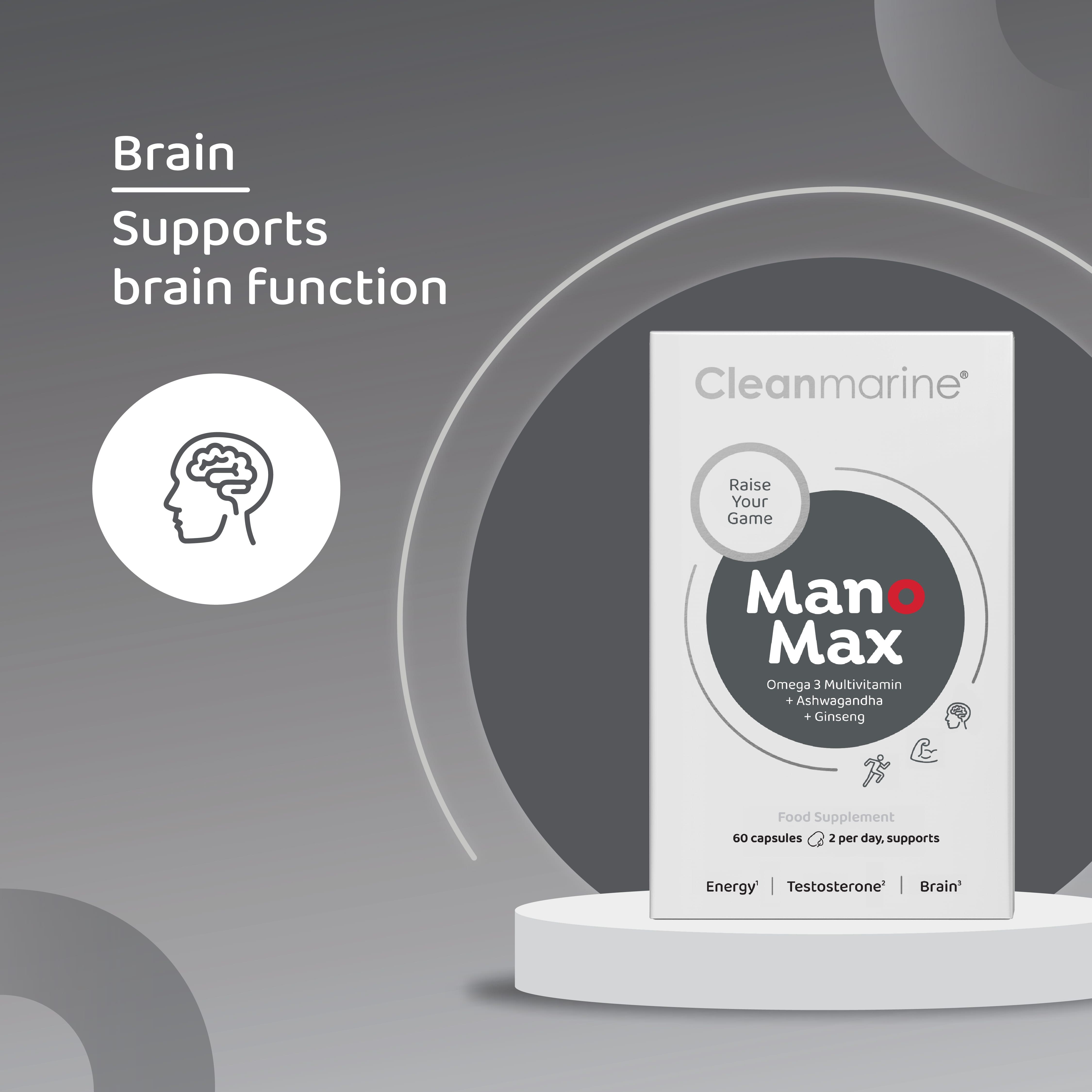 Cleanmarine ManoMax 60 Capsules Omega 3 Multivitamin + Ashwagandha + Ginseng for Energy, Testosterone, Brain Support