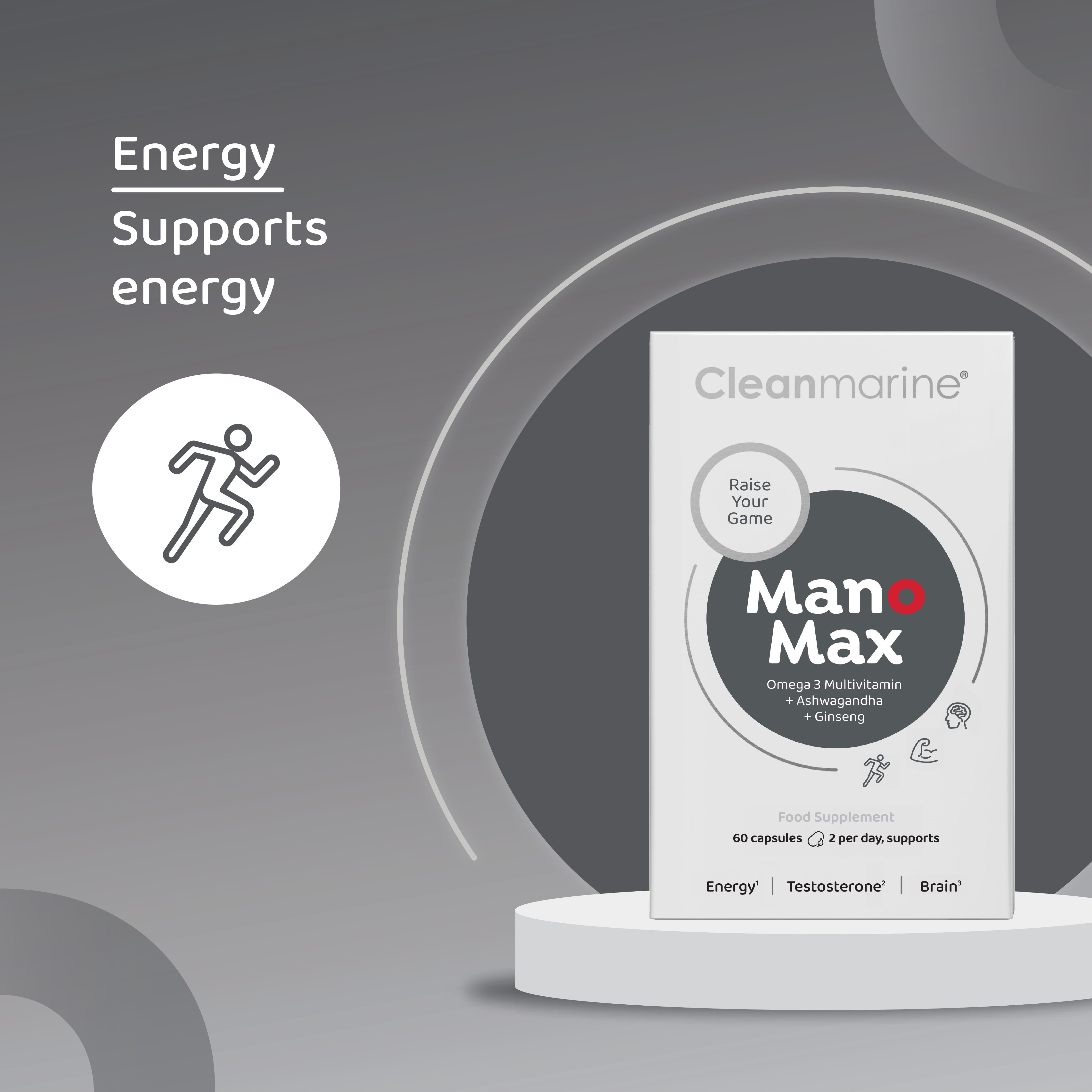 Cleanmarine ManoMax 60 Capsules Omega 3 Multivitamin + Ashwagandha + Ginseng for Energy, Testosterone, Brain Support