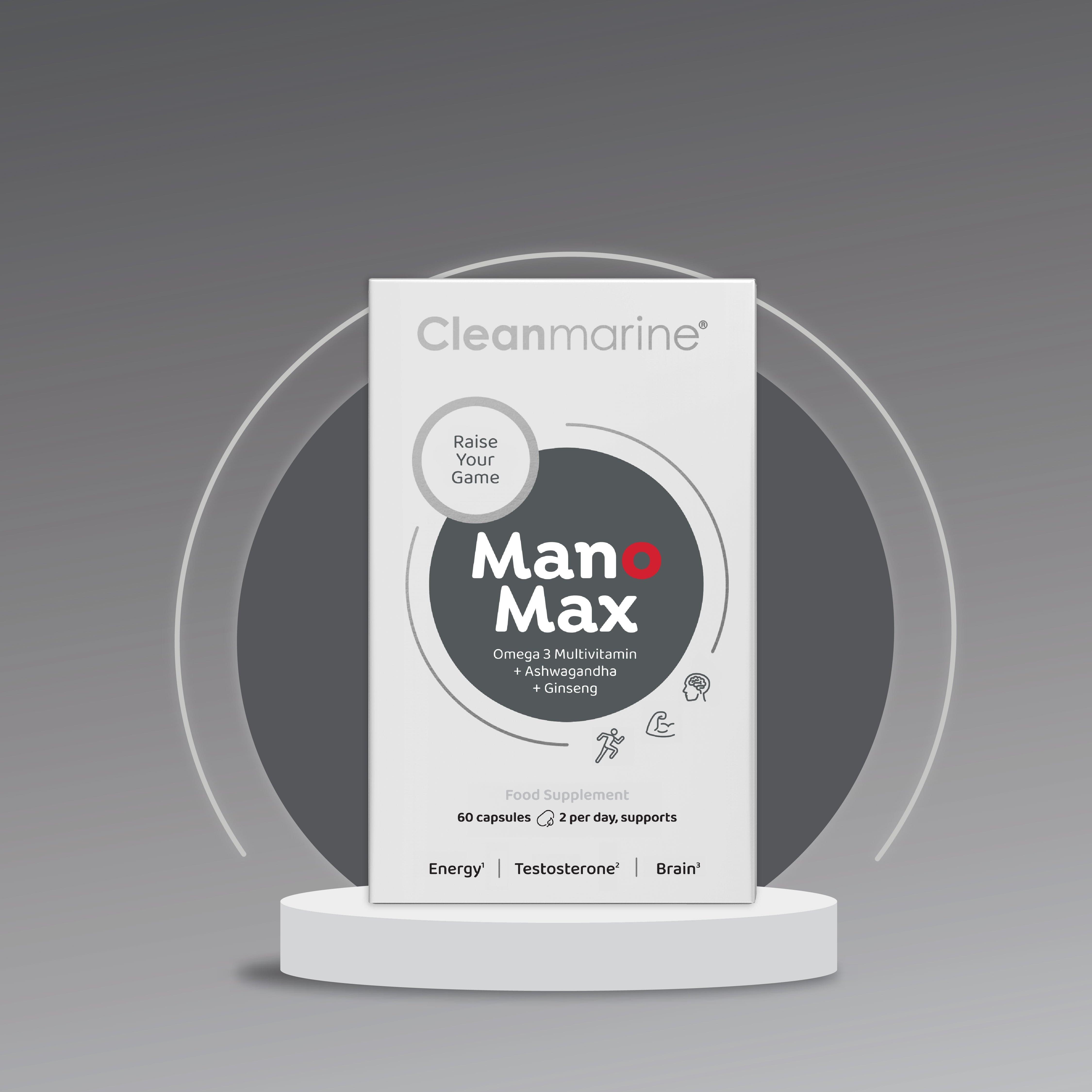 Cleanmarine ManoMax 60 Capsules Omega 3 Multivitamin + Ashwagandha + Ginseng for Energy, Testosterone, Brain Support
