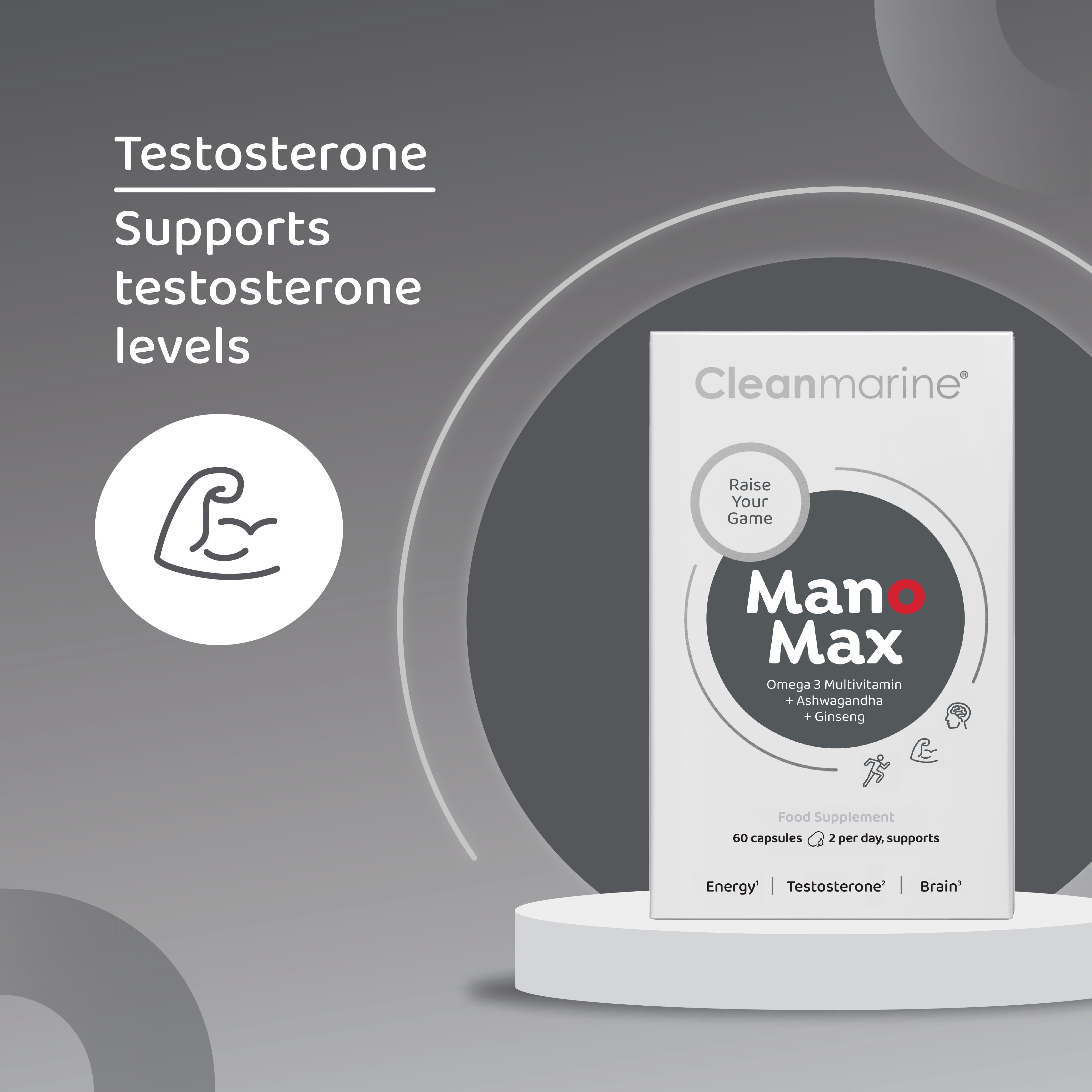 Cleanmarine ManoMax 60 Capsules Omega 3 Multivitamin + Ashwagandha + Ginseng for Energy, Testosterone, Brain Support