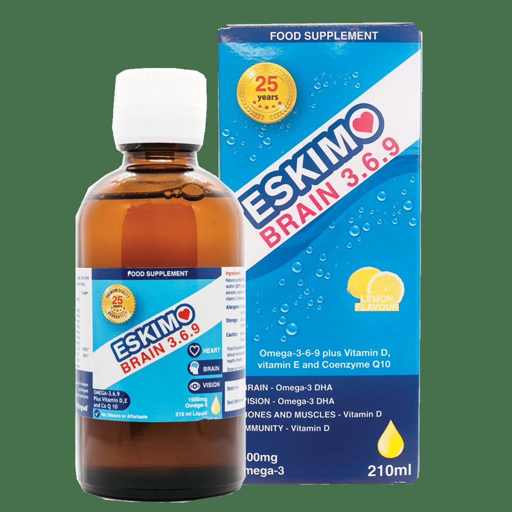 Eskimo Brain Omega 3-6-9 Fish Oil Supplement 210ml with Vitamin D, E, CoQ10 & Lemon Flavour