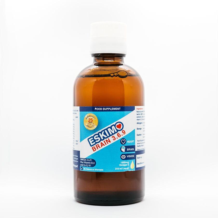Eskimo Brain Omega 3-6-9 Fish Oil Supplement 210ml with Vitamin D, E, CoQ10 & Lemon Flavour