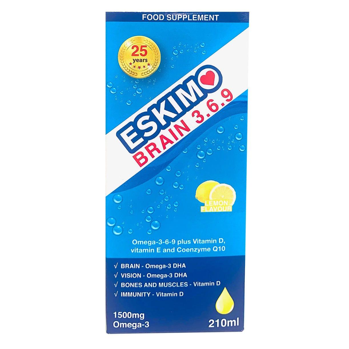 Eskimo Brain Omega 3-6-9 Fish Oil Supplement 210ml with Vitamin D, E, CoQ10 & Lemon Flavour