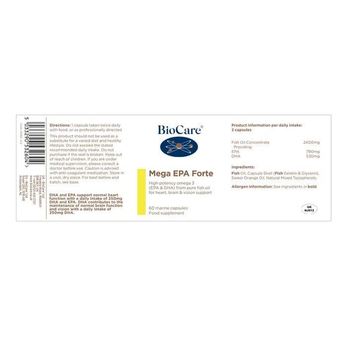 BioCare Mega EPA Forte High Potency Omega 3 Fish Oil Capsules 60 Marine Capsules for Heart Brain Vision Support 790mg EPA 530mg DHA Triglyceride Form