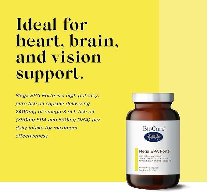 BioCare Mega EPA Forte High Potency Omega 3 Fish Oil Capsules 60 Marine Capsules for Heart Brain Vision Support 790mg EPA 530mg DHA Triglyceride Form