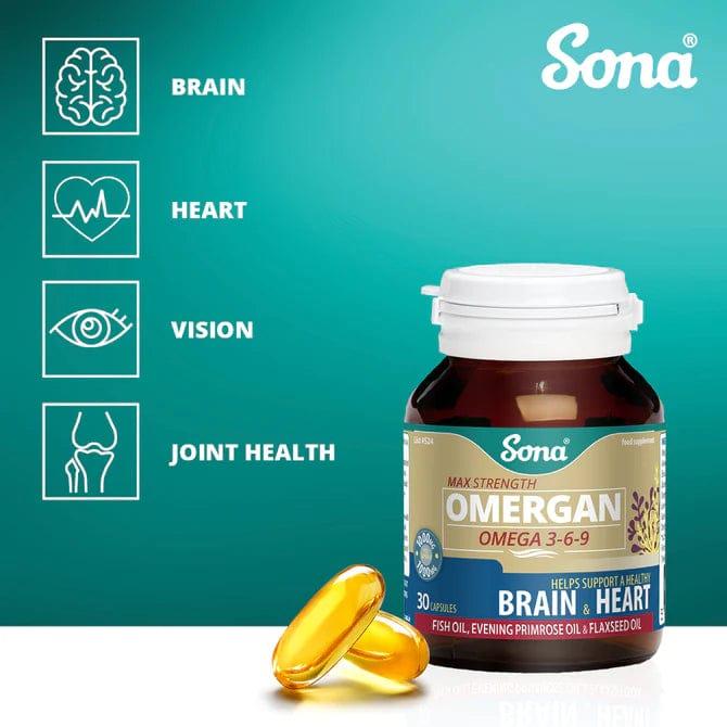 Sona Omergan Omega 3-6-9 Capsules 30 Pack - Supports Brain & Heart Health