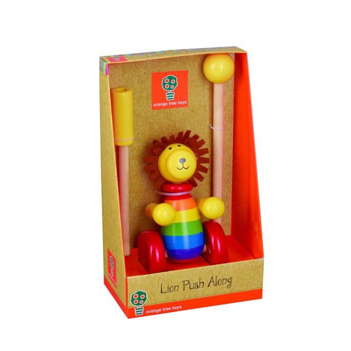 Orange Tree Toys Wooden Lion Push Along Toy for Toddlers 12+ Months Rainbow Body Red Wheels Yellow Arms Boxed