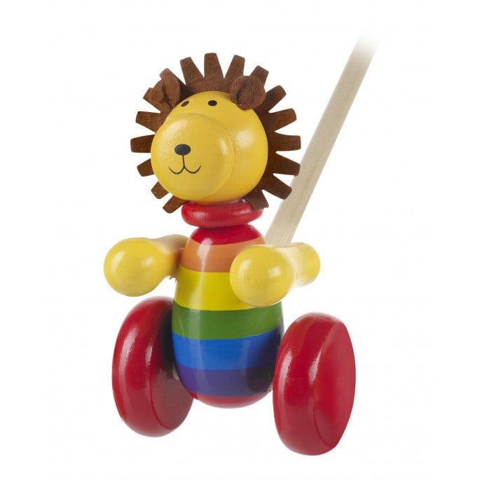 Orange Tree Toys Wooden Lion Push Along Toy for Toddlers 12+ Months Rainbow Body Red Wheels Yellow Arms Boxed