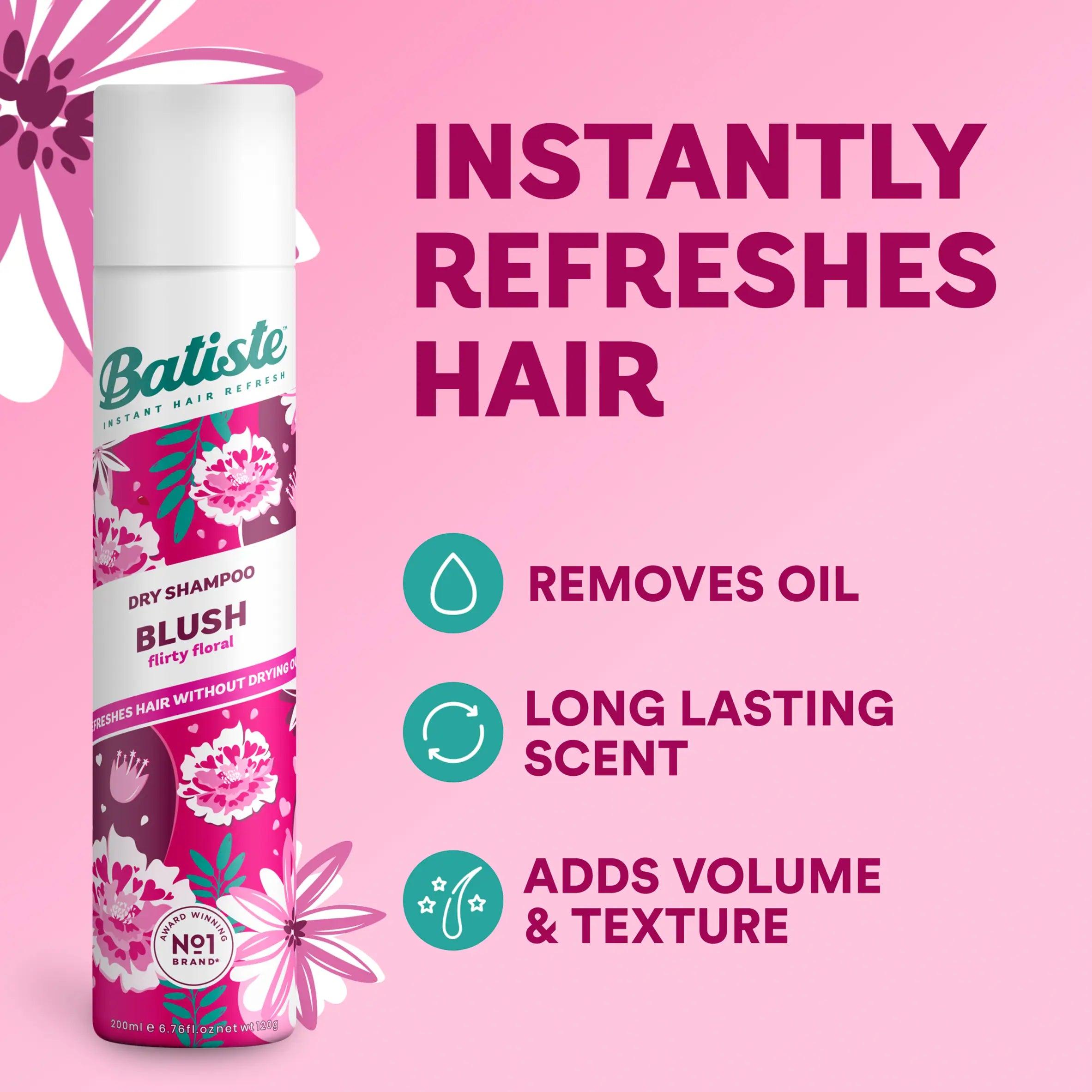 Batiste Dry Shampoo Blush - Instant Hair Refresh, Floral & Flirty Scent, 200ml, Removes Oil, Adds Volume