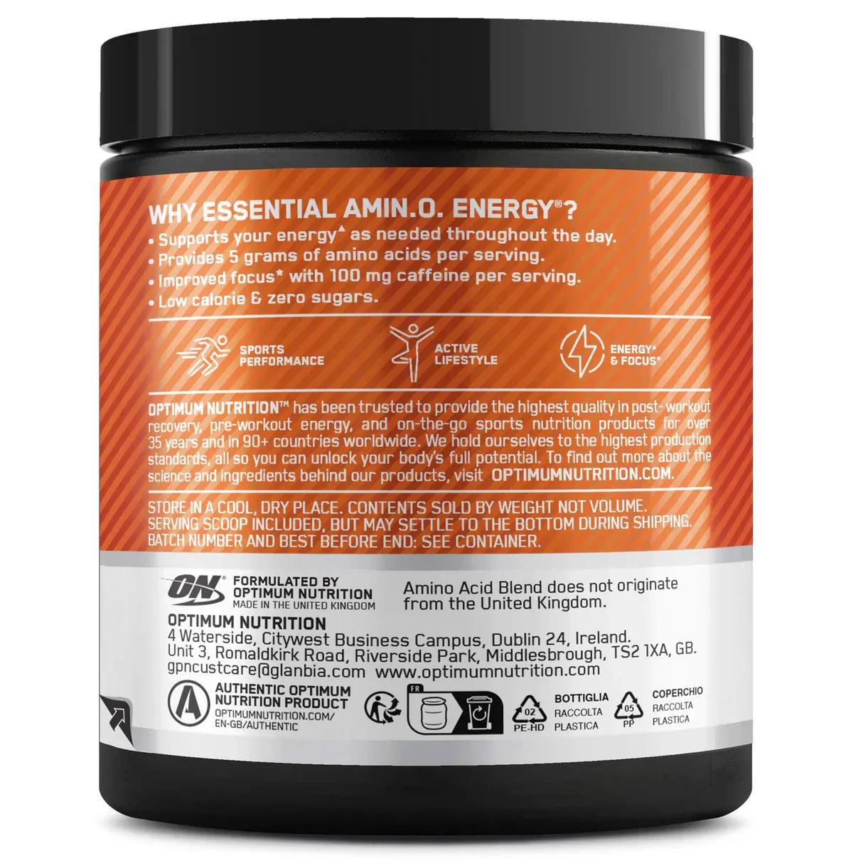 Optimum Nutrition Amino Energy Orange Cooler - Energy, Focus & Recovery - 270g - Amino Acids & Caffeine - 30 Servings - Image Features: Energy, Focus, Zero Sugars, Orange Cooler, 30 Servings