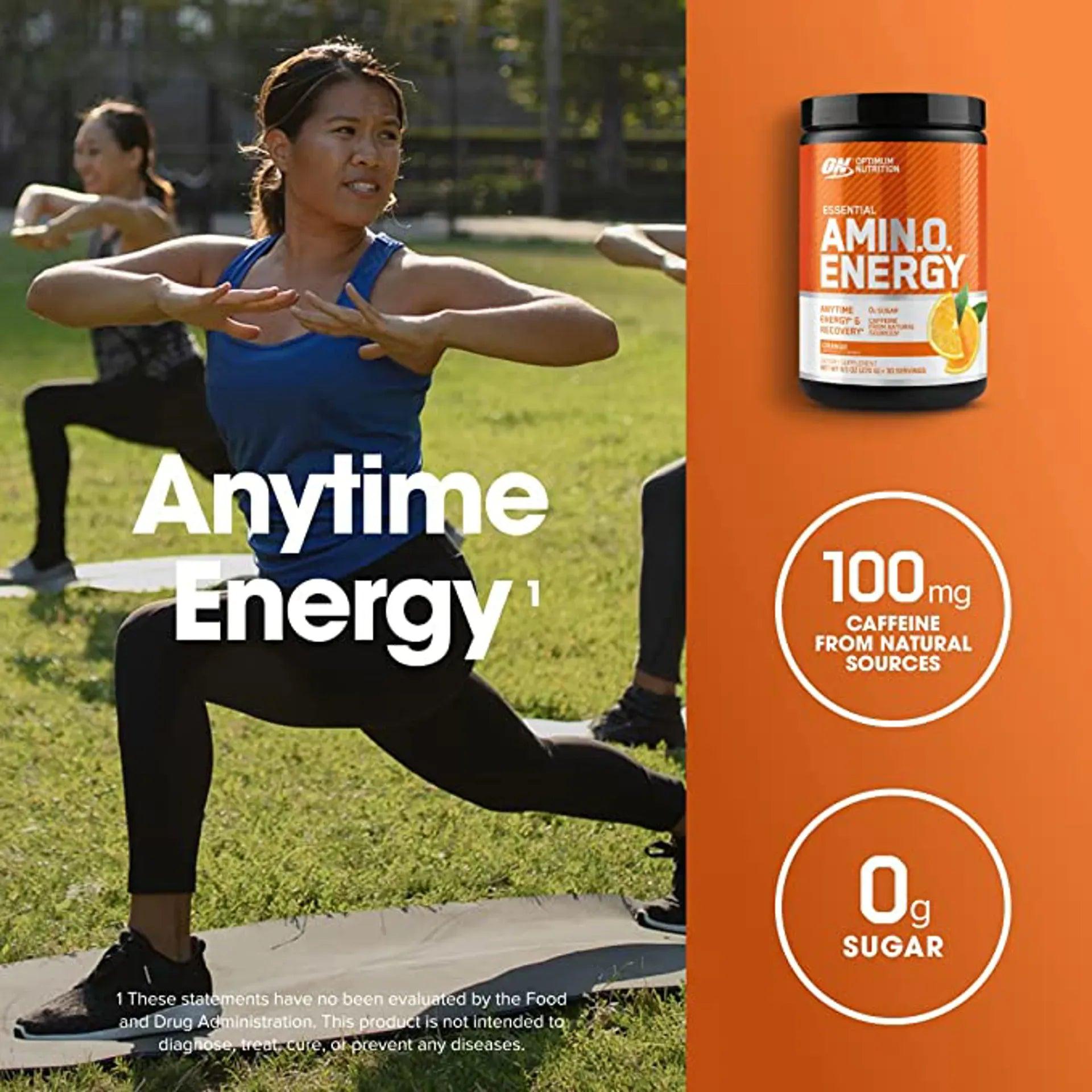 Optimum Nutrition Amino Energy Orange Cooler - Energy, Focus & Recovery - 270g - Amino Acids & Caffeine - 30 Servings - Image Features: Energy, Focus, Zero Sugars, Orange Cooler, 30 Servings