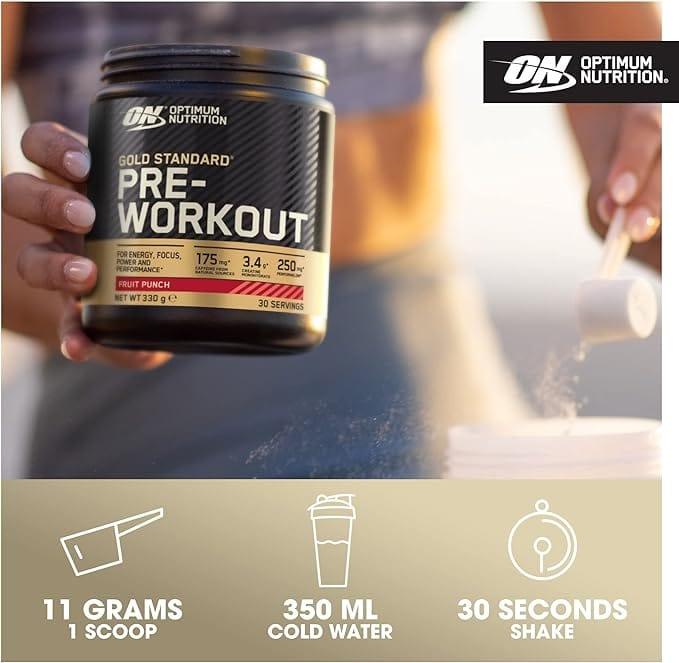 Optimum Nutrition Gold Standard Pre-Workout Fruit Punch, 175mg Caffeine, 3.4g Creatine, Size 330g, For Energy, Focus, Power and Performance