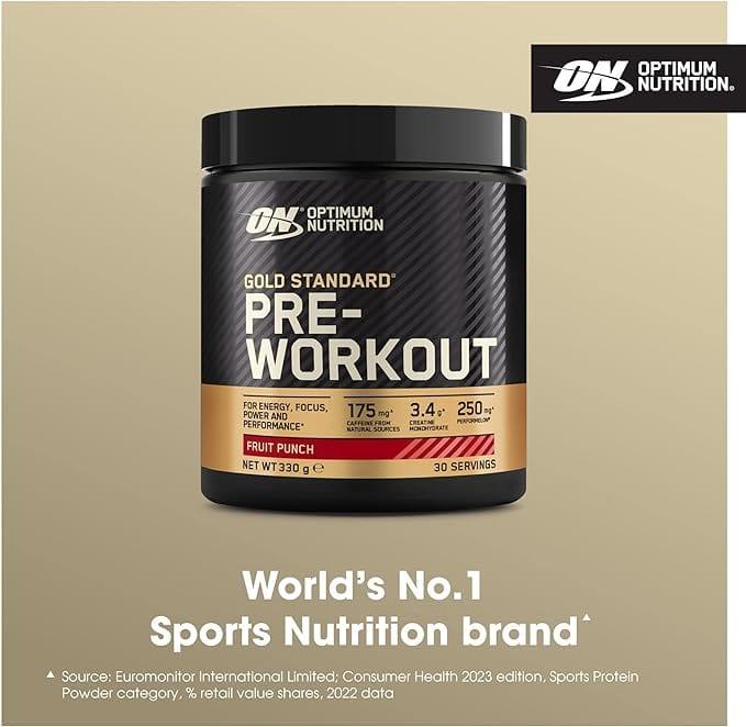 Optimum Nutrition Gold Standard Pre-Workout Fruit Punch, 175mg Caffeine, 3.4g Creatine, Size 330g, For Energy, Focus, Power and Performance