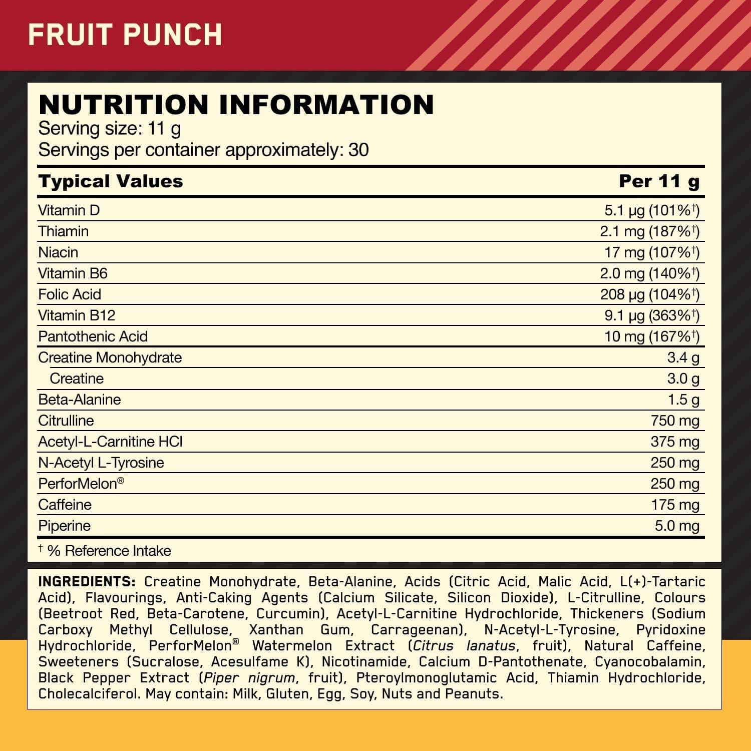 Optimum Nutrition Gold Standard Pre-Workout Fruit Punch, 175mg Caffeine, 3.4g Creatine, Size 330g, For Energy, Focus, Power and Performance